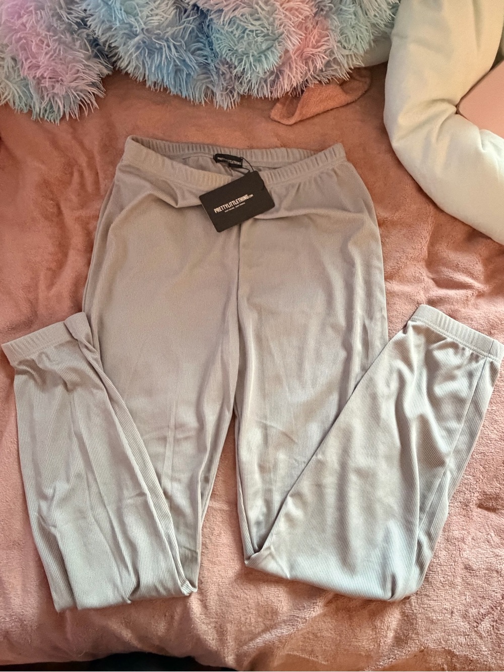 PrettyLittleThing Light Gray Ribbed Lounge Slacks sz 14 UK